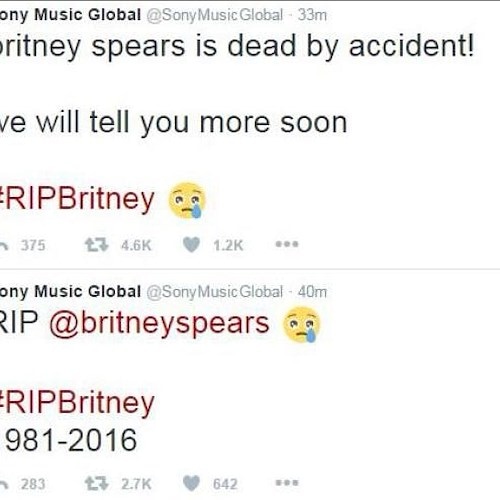 "Britney Spears è morta" il tweet bufala dall'account hackerato di Sony Music e Bob Dylan