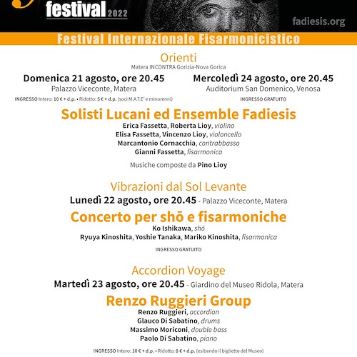 Il Fadiesis Accordion Festival giunge alla XII edizione consecutiva in Basilicata, quattro i concerti dal 21 al 24 agosto che apriranno il festival in terra lucana