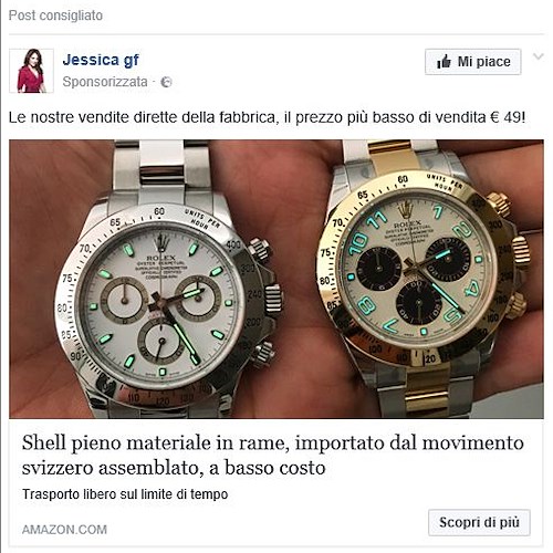 Orologi falsi e la pubblicità ingannevole via Facebook: ecco come si veicola l'illecito commercio.