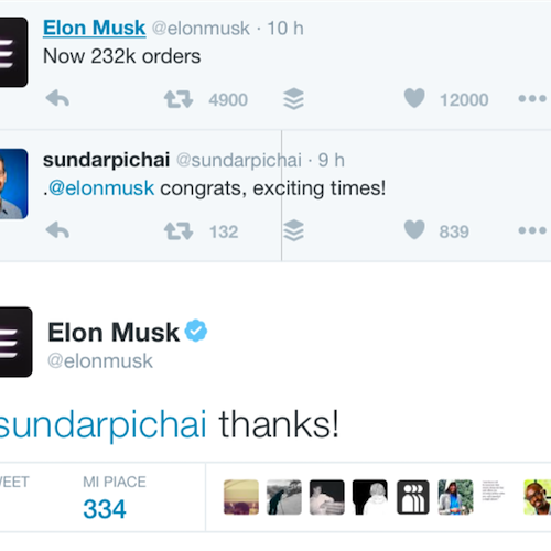 Tesla raggiunge con la nuova Model 3 i 232mila ordini ed il CEO di Google invia i suoi complimenti via Twitter