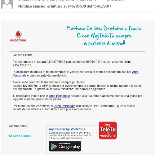 Vodafone Teletu: la mail di phishing da evitare assolutamente